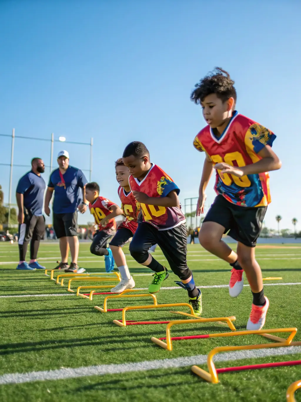 Action shot of young soccer players participating in a dribbling drill at Seattle Pacific Soccer Academy, focusing on close ball control and agility.