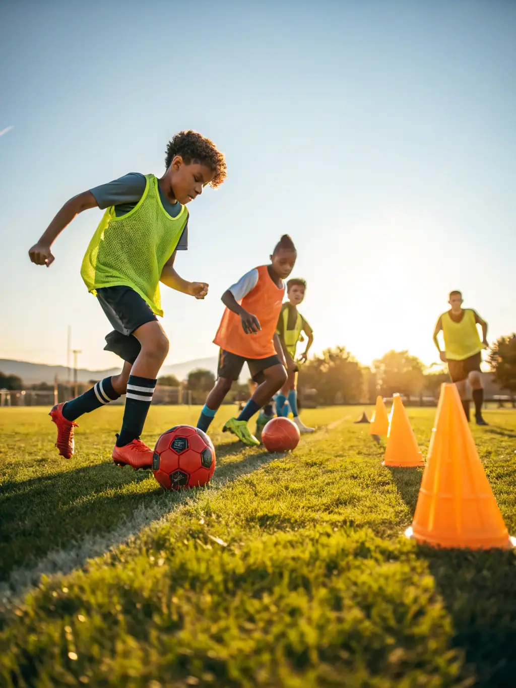 Image of a Seattle Pacific Soccer Academy coach instructing young players on passing techniques, emphasizing accuracy and teamwork.