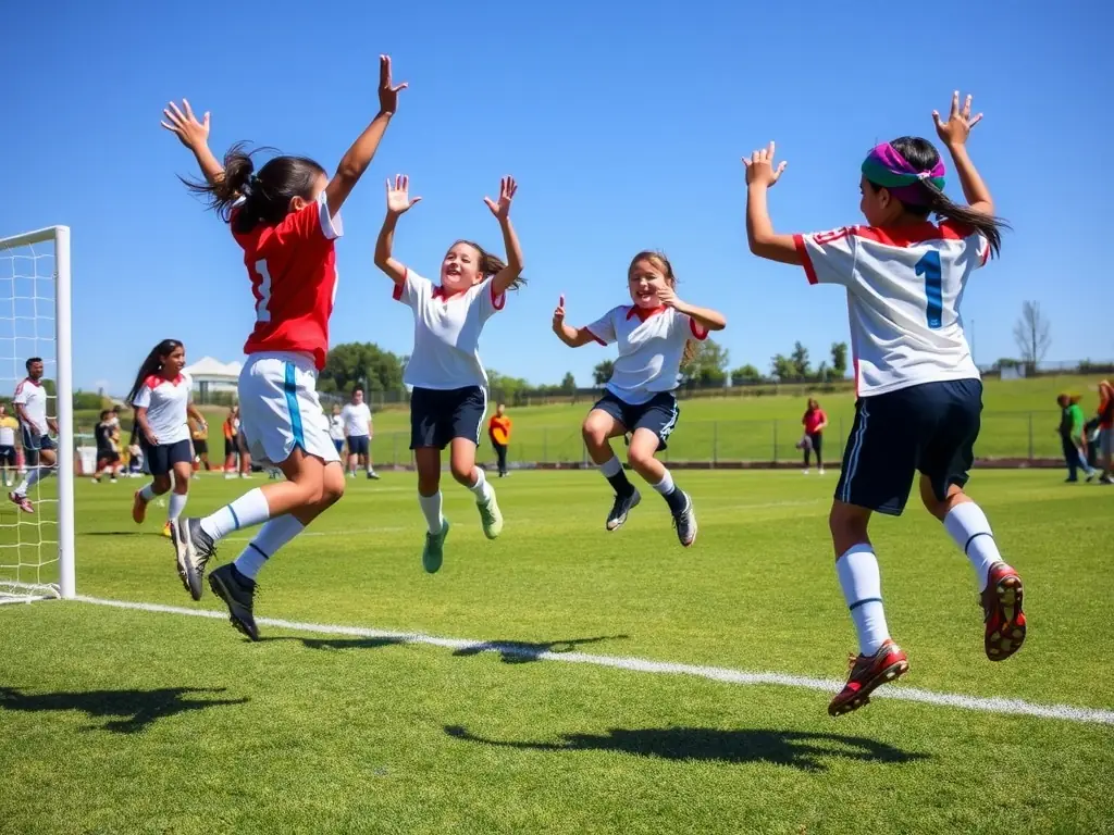 A vibrant photo of a soccer team celebrating a goal during a match, capturing the excitement and camaraderie fostered through Seattle Pacific Soccer Academy's training programs.