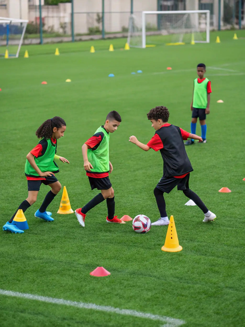 Image of young soccer players engaged in a tactical training session at Seattle Pacific Soccer Academy, focusing on positioning and game strategy.
