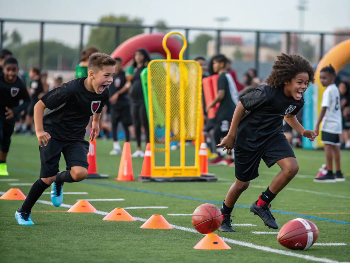 A dynamic shot of young soccer players engaged in a high-energy training session, showcasing their agility and teamwork on the field. The coach is actively instructing, emphasizing technique and strategy.